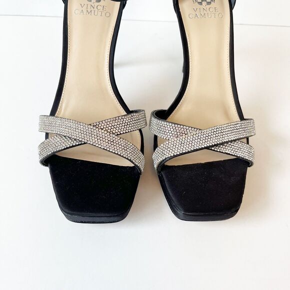 Vince Camuto Kalvira 2 Platform Heels Silver Rhinestone Black Satin Size 8 NWOB - Picture 9 of 15